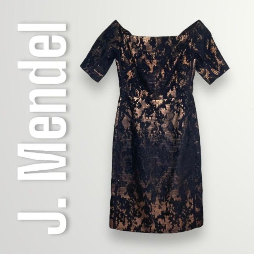 J. Mendel, Navy & Rose Gold Metal Chenille Jacquard Off Shoulder Dress Women’s 8